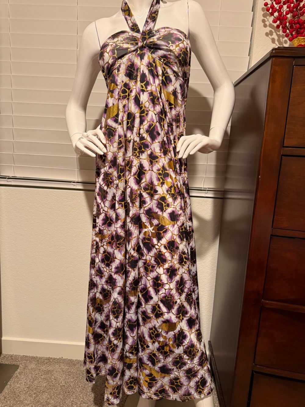 Twist-Halter Backless Maxi Dress in Purple and Gold Floral